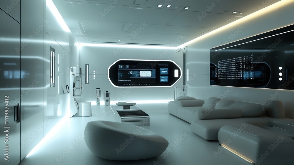 Fototapeta premium a futuristic smart home with minimalist design, featuring automated lights, simple furniture, and a central touch interface on the wall. 