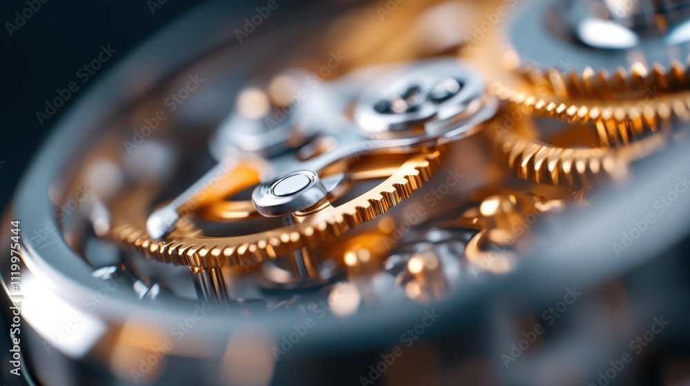 A high-resolution close-up of a contemporary watch mechanism, showcasing the intricate craftsmanship and precision of its gold and silver gears moving in unison. A high-resolution close-up of a contemporary watch mechanism, showcasing the intricate craftsmanship and precision of its gold and silver gears moving in unison.