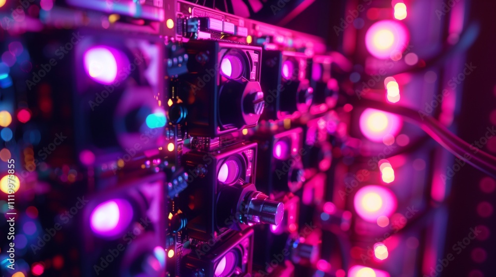 A close-up of a high-tech server rack with glowing LED indicators and intricate wiring A close-up of a high-tech server rack with glowing LED indicators and intricate wiring