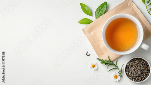 Wallpaper Mural Organic herbal tea with craft paper pouch and steaming cup on white background. Torontodigital.ca