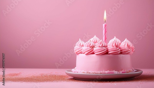 pink birthday cake with candle on pink background