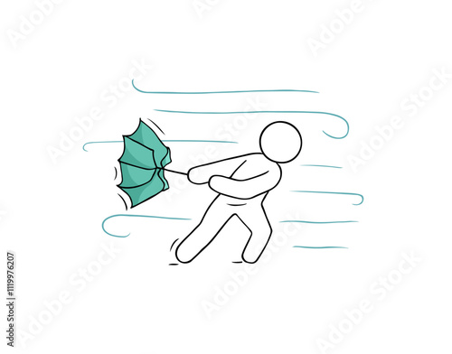 Doodle weather icon - man with umbrella. Sketch of man  in storm, character in rainy weather, vector hand drawn illustration