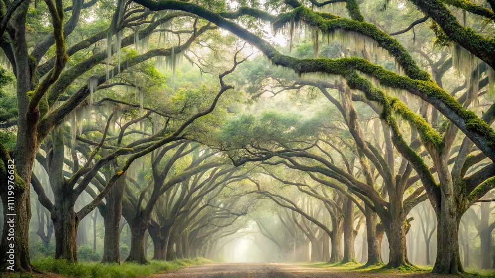 Mystical Morning A Serene Path Through an Ancient Canopy of Moss-Draped Trees Mystical Morning A Serene Path Through an Ancient Canopy of Moss-Draped Trees