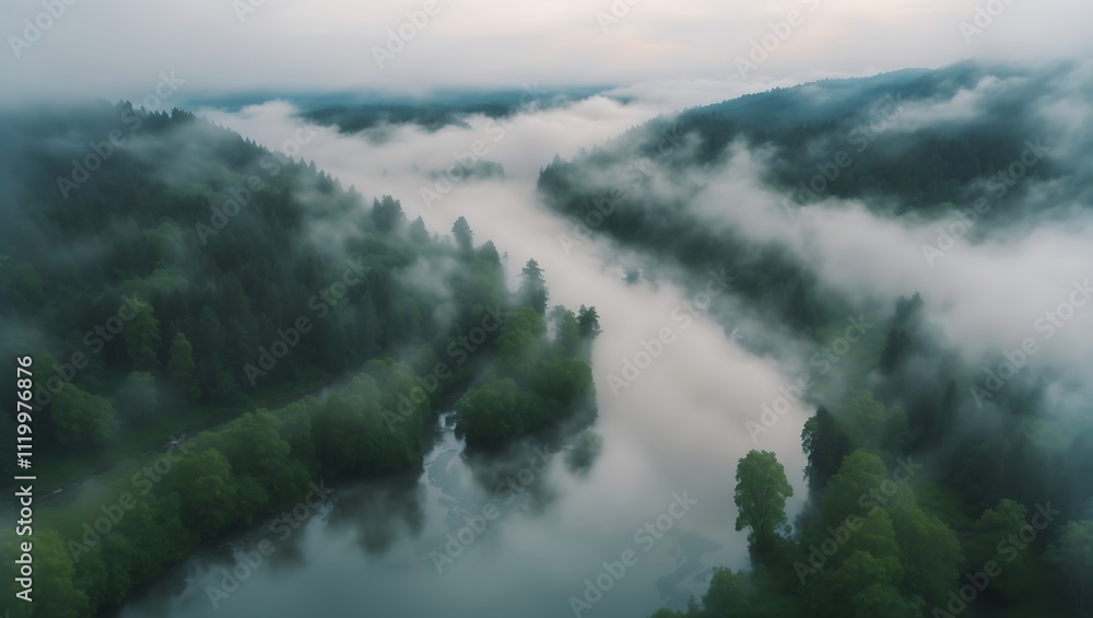 Misty River Valley Enveloped in Foggy Forest Misty River Valley Enveloped in Foggy Forest