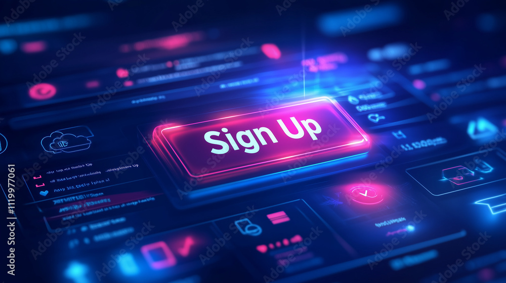 Glowing neon sign-up button in futuristic digital interface design
Glowing neon sign-up button in futuristic digital interface design