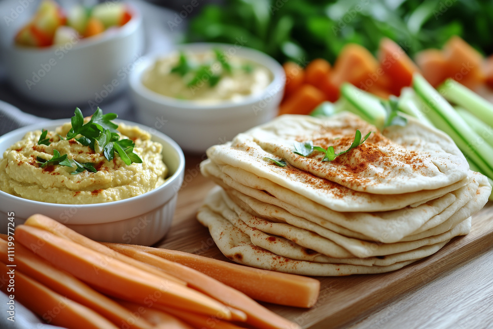Mediterranean flatbread with hummus and fresh vegetable sticks
Mediterranean flatbread with hummus and fresh vegetable sticks