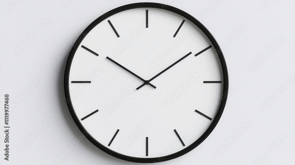Modern wall clock displaying time minimalist design indoor space aesthetic appeal close-up perspective Modern wall clock displaying time minimalist design indoor space aesthetic appeal close-up perspective