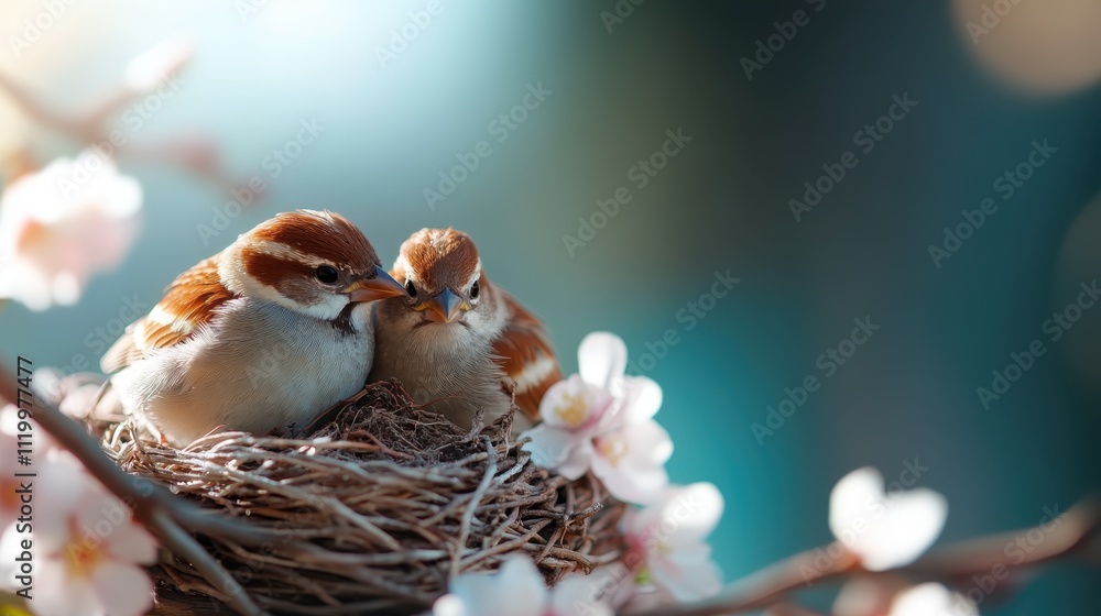 A serene spring scene features two sparrows cozily nestled in a nest surrounded by soft white blossoms, evoking themes of nature, harmony, and new beginnings. A serene spring scene features two sparrows cozily nestled in a nest surrounded by soft white blossoms, evoking themes of nature, harmony, and new beginnings.