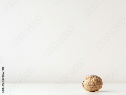 A delicate nut shell sits gracefully on a pristine white surface, perfectly harmonizing with the immaculate backdrop.