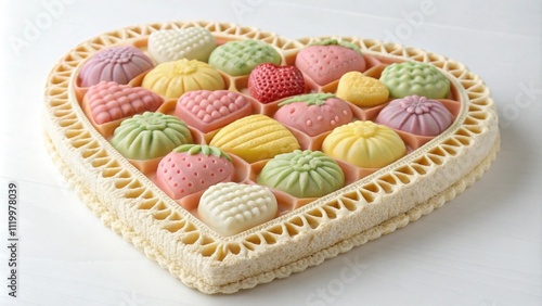 A heartshaped rice cake displaying intricate lacelike patterns around the edges. The middle is filled with pastel fruit designs each piece carefully molded from colored rice flour photo