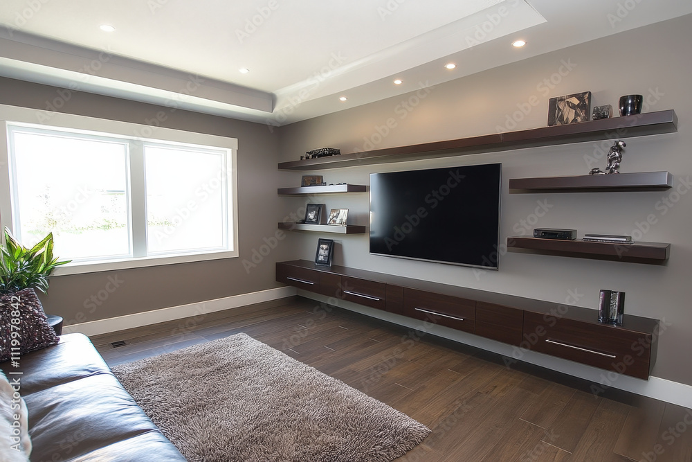 Modern Living Room with Floating Shelves Modern Living Room with Floating Shelves