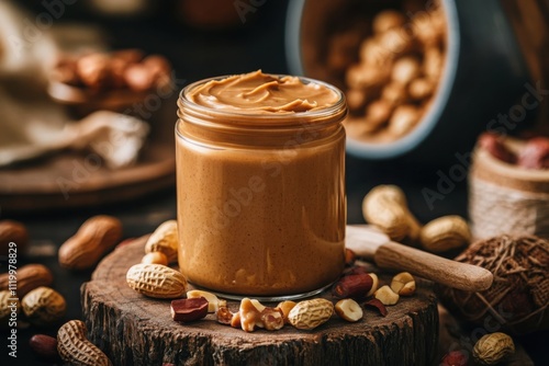 Creamy peanut butter jar surrounded by assorted nuts and wooden textures on rustic table