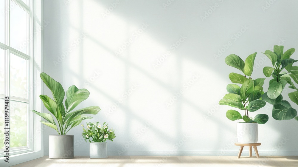 A bright, minimalistic interior featuring large potted plants beside a sunlit window, creating a serene and fresh atmosphere. A bright, minimalistic interior featuring large potted plants beside a sunlit window, creating a serene and fresh atmosphere.