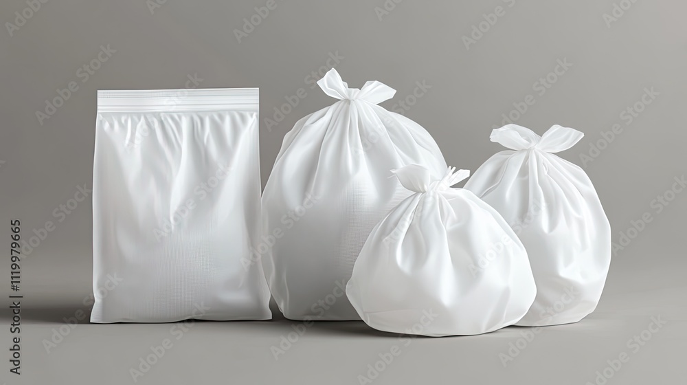 Three white drawstring bags and one sealed pouch on gray background. Three white drawstring bags and one sealed pouch on gray background.