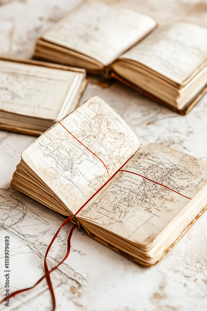 Obraz premium Detailed map showing red lines tracing a journey across geographical locations from the past