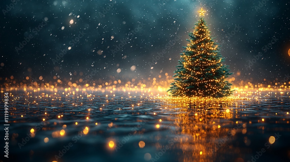 Sparkling Minimalist Christmas Tree in Winter Scene Sparkling Minimalist Christmas Tree in Winter Scene