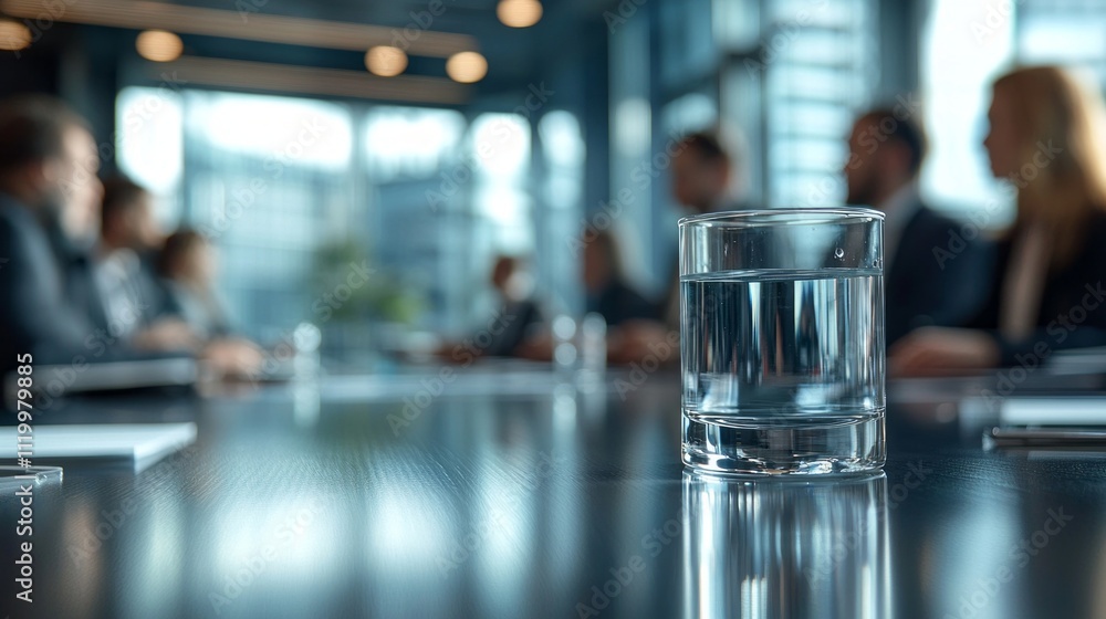 Participants engage in an important business meeting, seated around a sleek conference table. A glass of water sits at the forefront, symbolizing clarity in communication and ideas Participants engage in an important business meeting, seated around a sleek conference table. A glass of water sits at the forefront, symbolizing clarity in communication and ideas