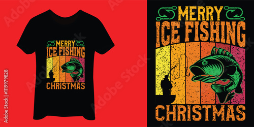 Merry ice Fishing Christmas Vector T-Shirt Design illustration, mug, print. Christmas t-shirt, merry t-shirt design.