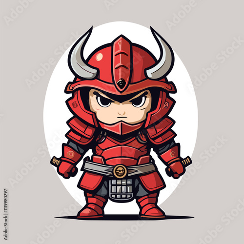 Adorable Cartoon Samurai Warrior in Red Armor Illustration. Cute Samurai Vector.