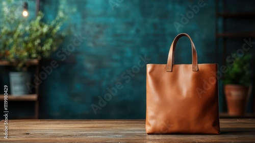 A sleek, leather bag with long handles sits elegantly on a wooden table, contrasted by a simple teal background, depicting style, materials, and modern design. photo