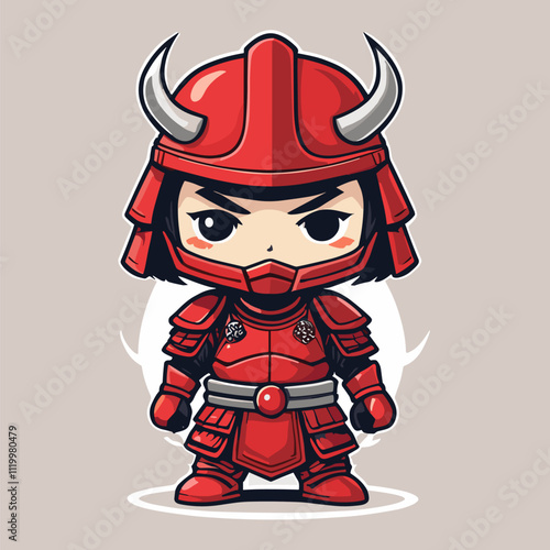 Chibi Samurai Warrior in Red Armor with Horned Helmet. Cute Samurai Vector.