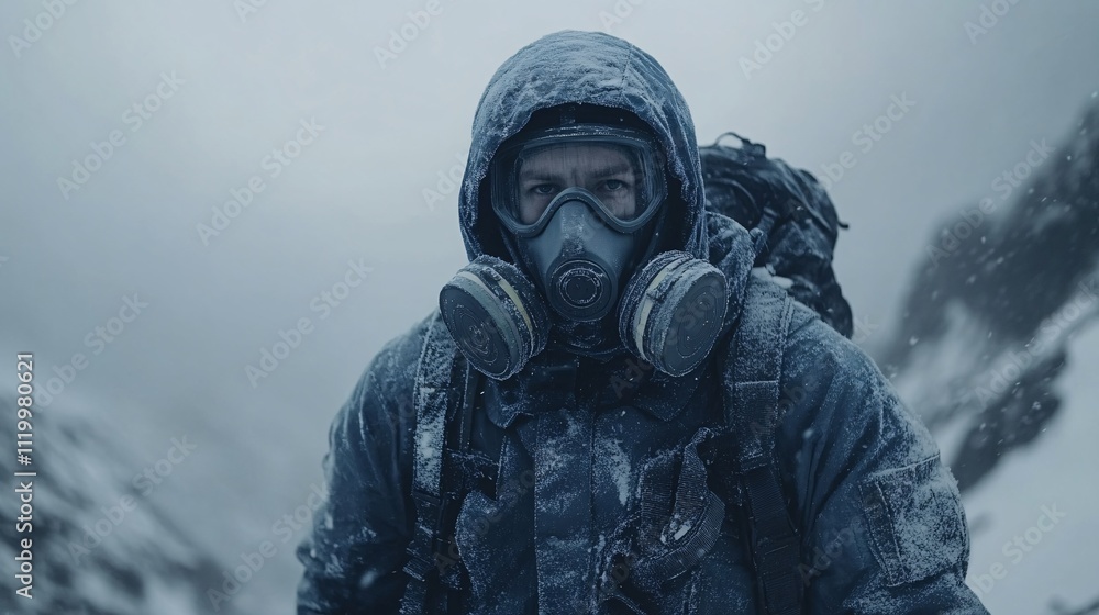Man in Blue Hazmat Suit in Snowy Environment Man in Blue Hazmat Suit in Snowy Environment