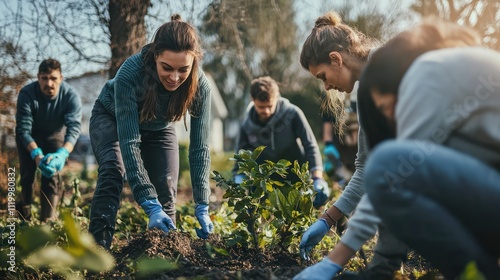 Group of people working together on a charity project, such as building homes or cleaning up a park, reflecting teamwork and generosity