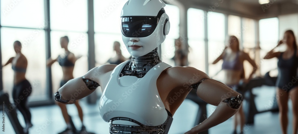 Futuristic Fitness: A Female Robot in a Modern Gym Futuristic Fitness: A Female Robot in a Modern Gym