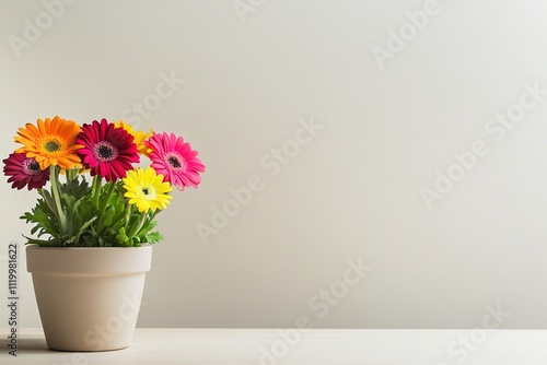 Wallpaper Mural single flower pot containing vibrant flowers placed slightly to left on light wooden table leaving ample space on right Torontodigital.ca