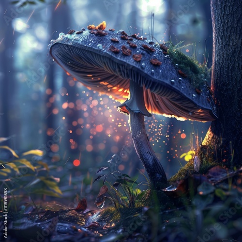 Immerse yourself in a fantasy world with this wallpaper featuring luminous mushrooms nestled amongst lush jungle foliage photo