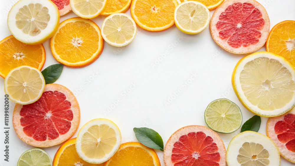 Close-up of colorful citrus slices isolated on white for fresh and modern branding Close-up of colorful citrus slices isolated on white for fresh and modern branding