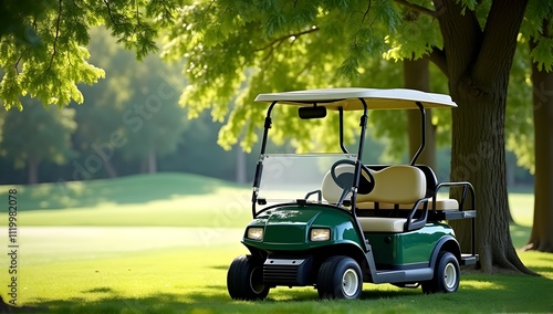Wallpaper Mural Serene golf course scene, a vibrant green golf cart rests peacefully under the shade of lush trees. A tranquil escape! Torontodigital.ca