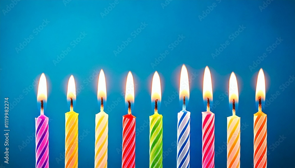 9 birthday candles in a row on a blue backdrop