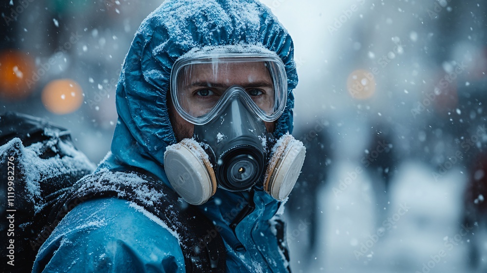 Man in Blue Hazmat Suit in Snowy Environment Man in Blue Hazmat Suit in Snowy Environment