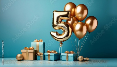 minimalist celebratory image with gold 5 balloons and gift boxes on light blue background