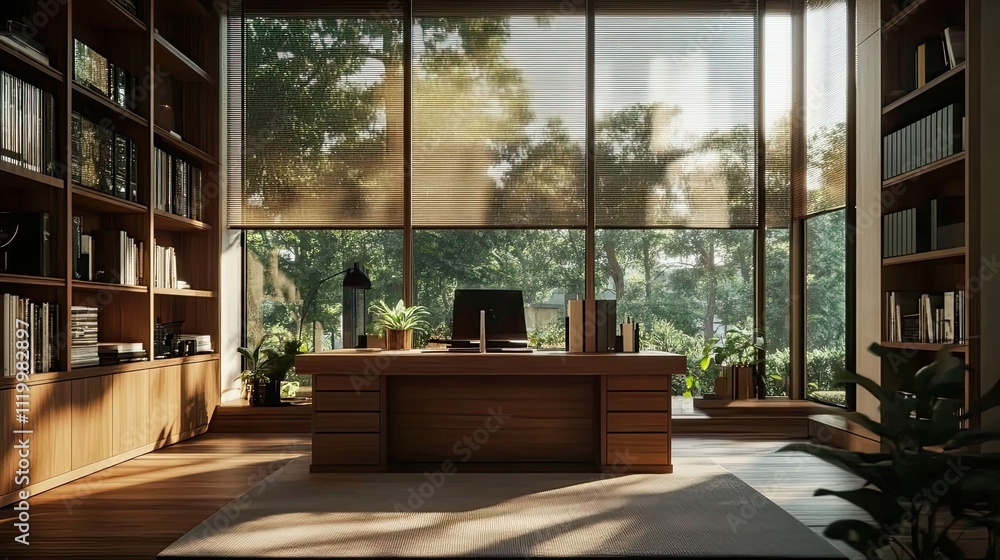 Serene Home Office With Large Window and Wooden Desk Serene Home Office With Large Window and Wooden Desk