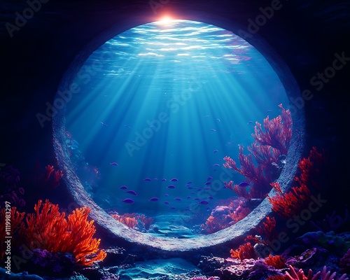 Underwater portal view with coral and fish. photo