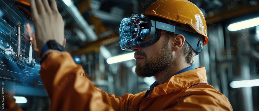 Oil rig technicians wearing AR headsets, navigating holographic schematics of deep-sea pipelines Oil rig technicians wearing AR headsets, navigating holographic schematics of deep-sea pipelines