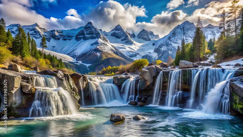 Fototapeta premium Majestic mountain waterfall in a vibrant autumn forest with snow-capped peaks and colorful trees