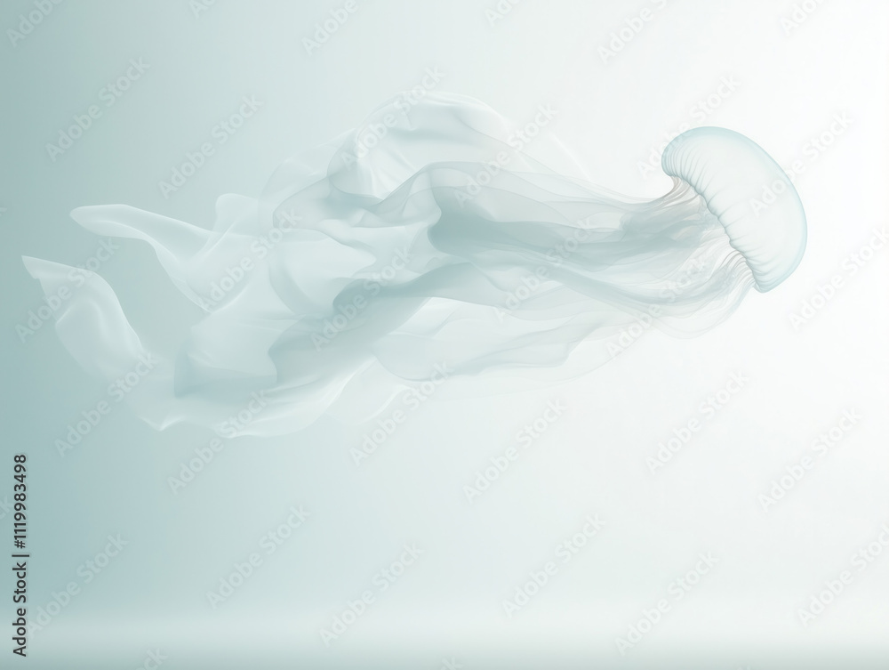 A graceful jellyfish glides through the air, its delicate shape creating a stunning contrast against a clean, white background. A graceful jellyfish glides through the air, its delicate shape creating a stunning contrast against a clean, white background.