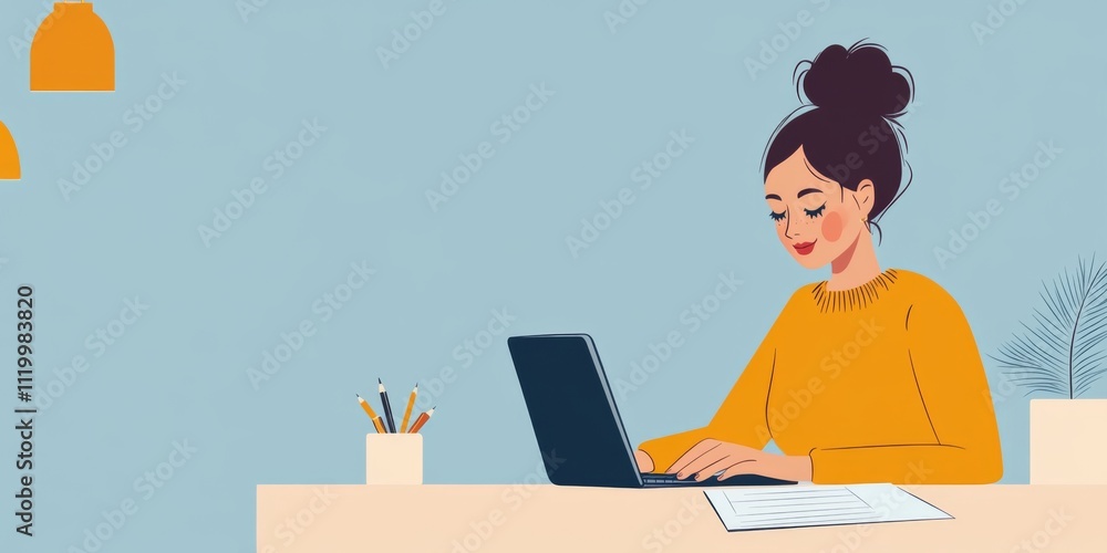 Focused Woman Working on Laptop at Home Office Desk, Productive Day, Cozy Workspace Illustration Focused Woman Working on Laptop at Home Office Desk, Productive Day, Cozy Workspace Illustration