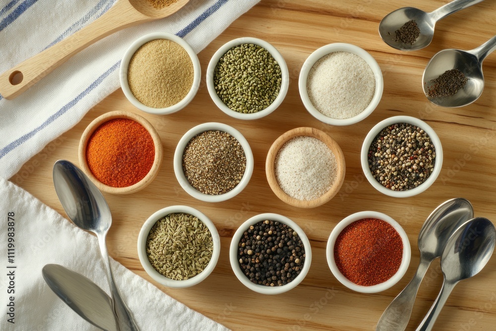 A variety of spices and herbs displayed in small bowls on a wooden surface. A variety of spices and herbs displayed in small bowls on a wooden surface.