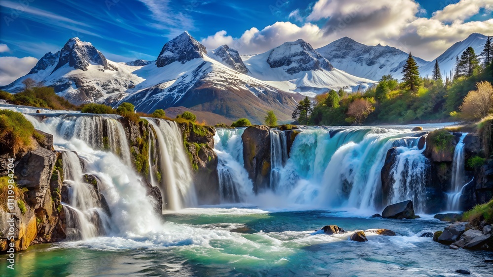 Majestic waterfall in a valley surrounded by snow-capped mountains Majestic waterfall in a valley surrounded by snow-capped mountains