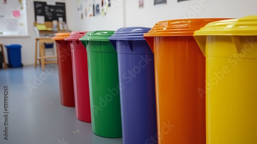 Colorful trash bins arranged in a row, creating a vibrant and organized space, likely for recycling or waste separation in a classroom or community area. photo