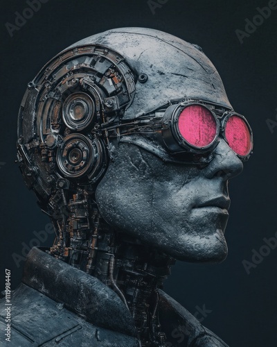 Futuristic android with mechanical gears and red tinted glasses photo