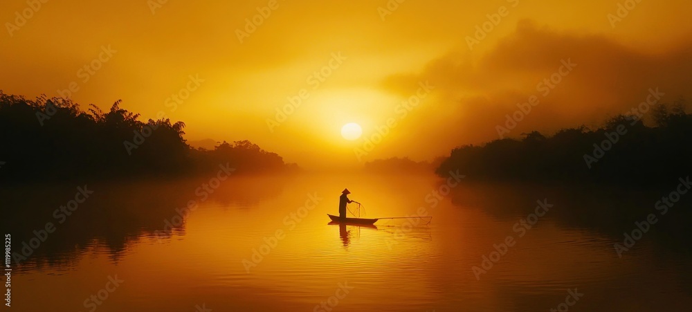 Golden Sunrise Fisherman: A Serene River Scene Golden Sunrise Fisherman: A Serene River Scene