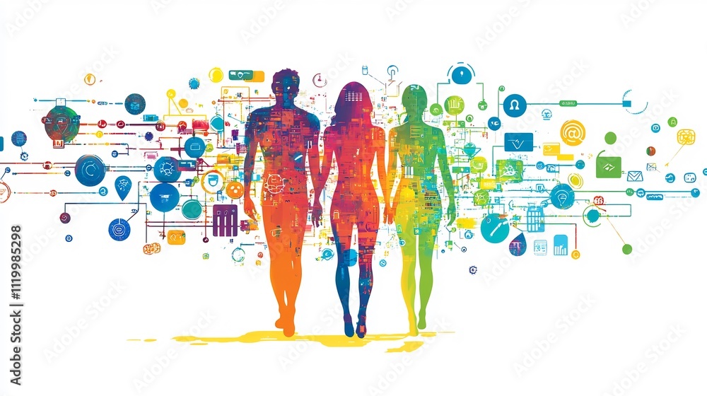 Fototapeta premium Humanity's interconnected digital world, vibrant illustration of people linked by technology, symbolizing global communication and data flow.