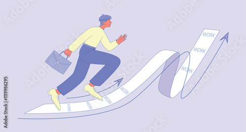 Male character climbing a rising work path symbolizing tasks and progress. Dressed in a casual outfit with a briefcase. Concept of effective effort, productivity, and achieving success. Flat, vector, 