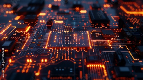 A close-up shot of a high-tech digital circuit board with glowing components