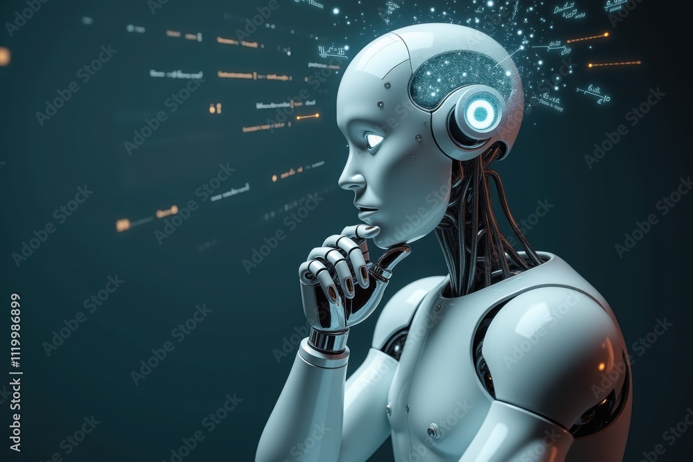 Futuristic AI Robot Thinking Concept, Advanced Artificial Intelligence Machine Analyzing Data with Digital Interface, Technology and Innovation Visualization Futuristic AI Robot Thinking Concept, Advanced Artificial Intelligence Machine Analyzing Data with Digital Interface, Technology and Innovation Visualization